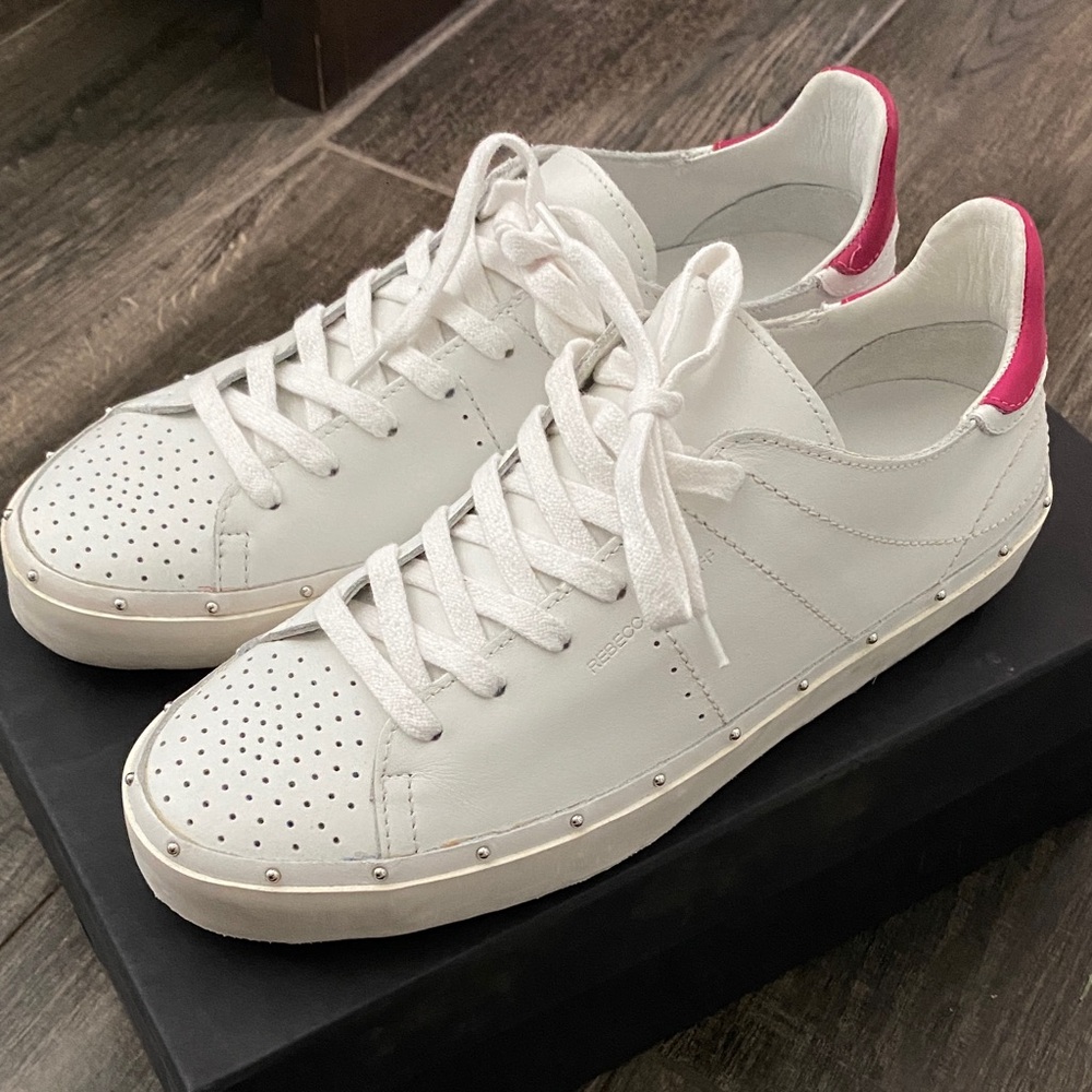 Rebecca Minkoff White Leather Sneakers with Pink Heel Tab